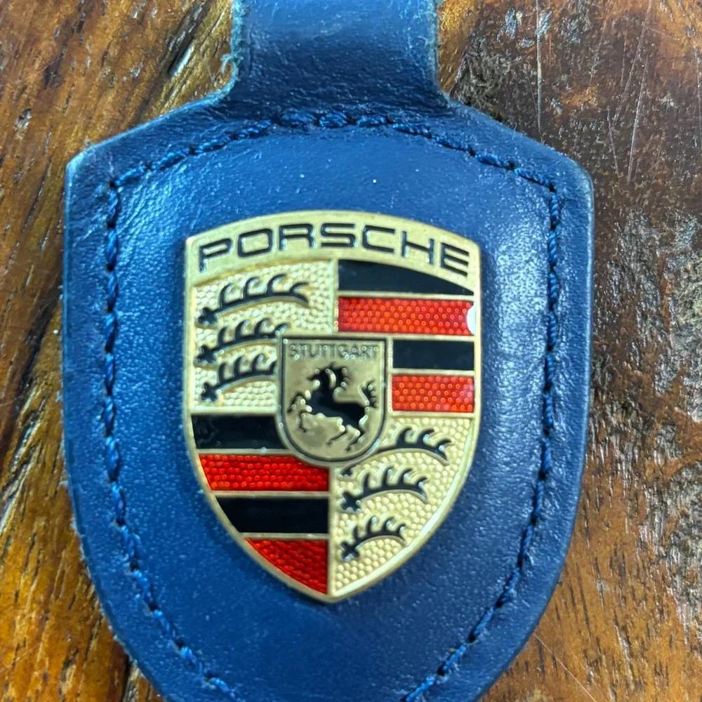 Porsche Blue Leather Crest Key Fob Stuttgart Shield Keychain Accessory